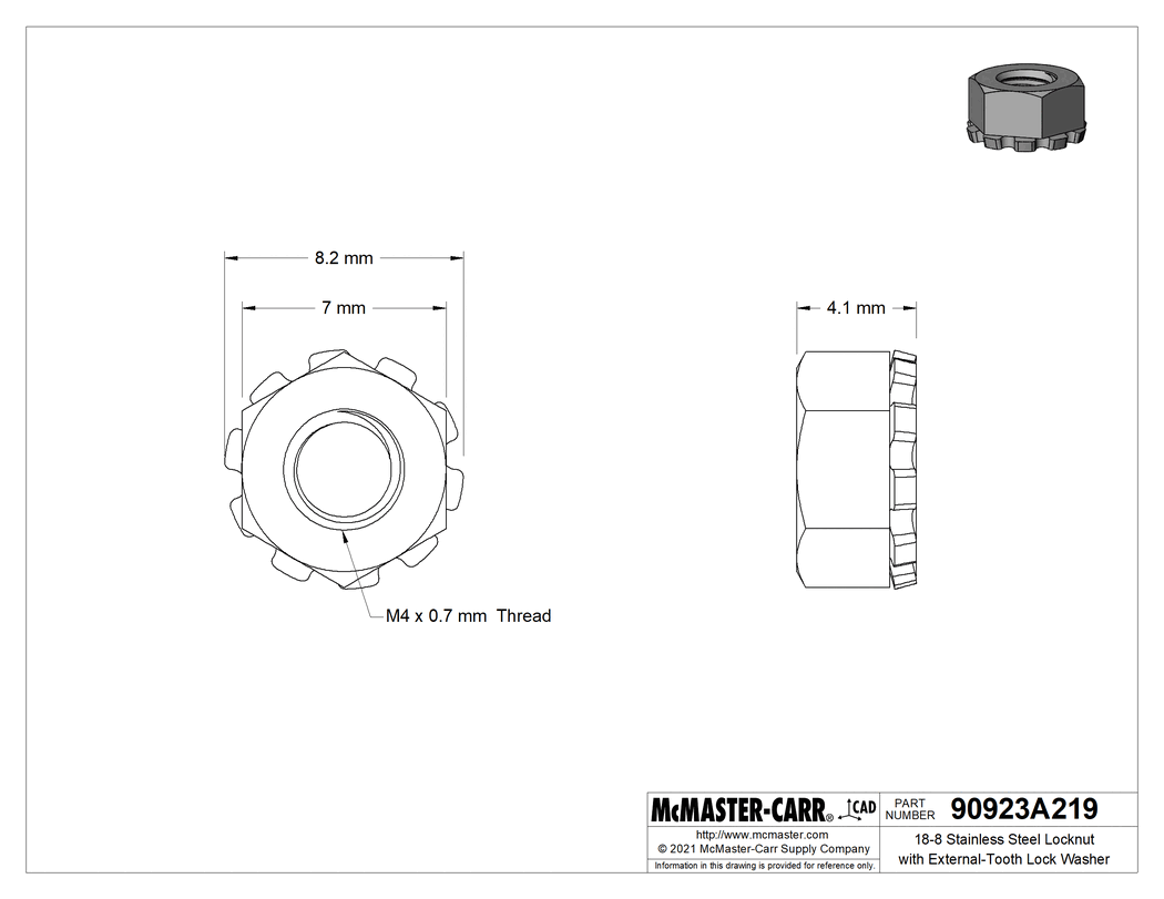 Technical Drawing of 18-8 Stainless Steel Locknut with External-Tooth Lock Washer, M4 x 0.7 mm Thread Size.